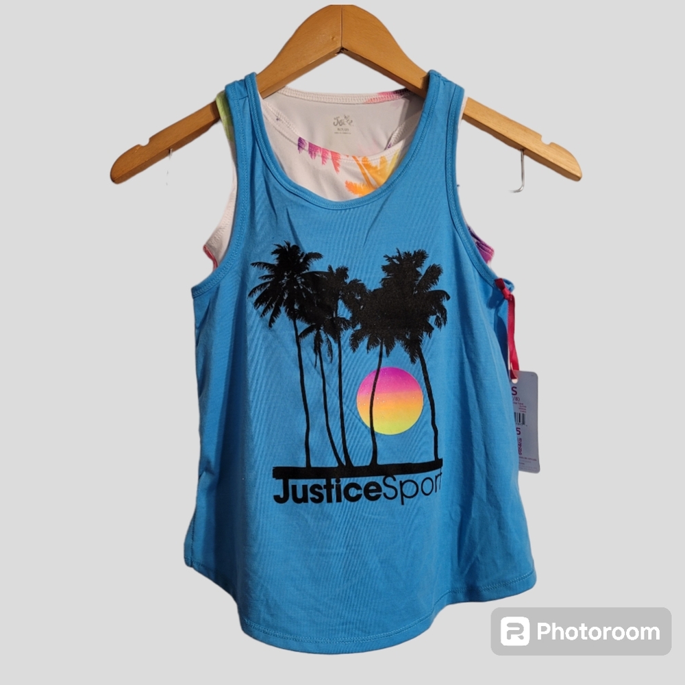 Justice Sport Two-Piece Tank Top Girl Kids S (7-8) Turquoise Racerback Tropical